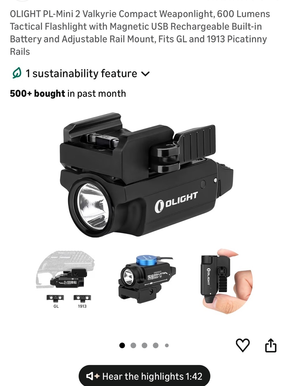 Olight PL-MINI 2 Valkyrie 600 Lumen Weapon Light - Black - Picture 5 of 6